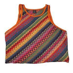 Shein Crop Tank Top Multicolor Geo Embroidery Round Neck Textured Womens Sz M